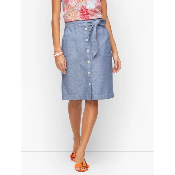 Talbots Chambray Skirt Womens 4 (30x21) Blue Coastal Belted Newport Button Up - Picture 2 of 8